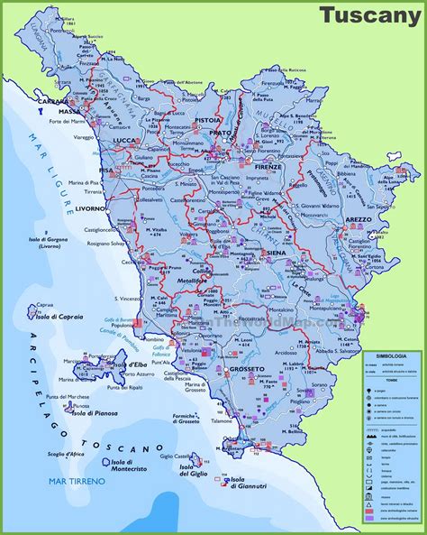 Large detailed travel map of Tuscany with cities and towns ...