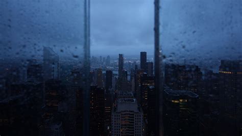 night city, window, rain, skyscrapers, aerial view, 4k HD Wallpaper