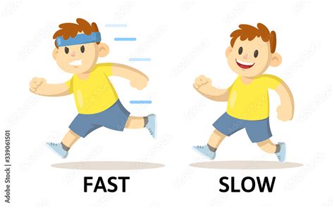 Words fast and slow opposites flashcard with running cartoon boy ...