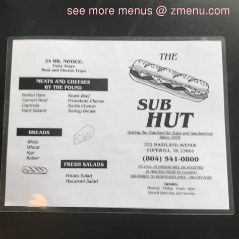 Online Menu of Sub Hut Restaurant, Hopewell, Virginia, 23860 - Zmenu