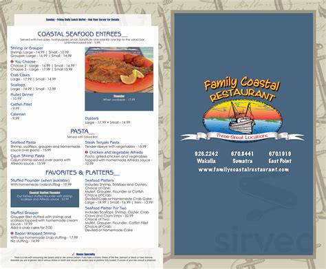 Family Coastal Restaurant menu in Bristol, Florida, USA