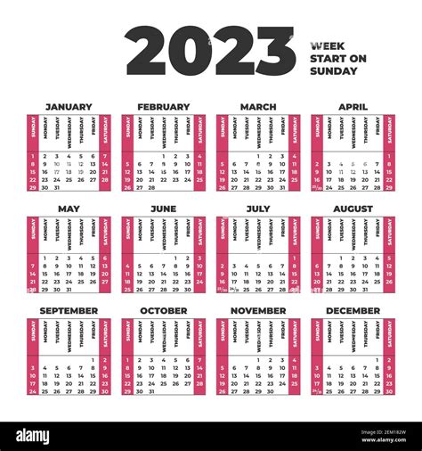 2023 Calendar template with weeks start on Sunday Stock Vector Image ...