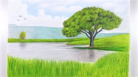 How To Draw A Landscape With Colored Pencils || Tree Drawing - Speed ...