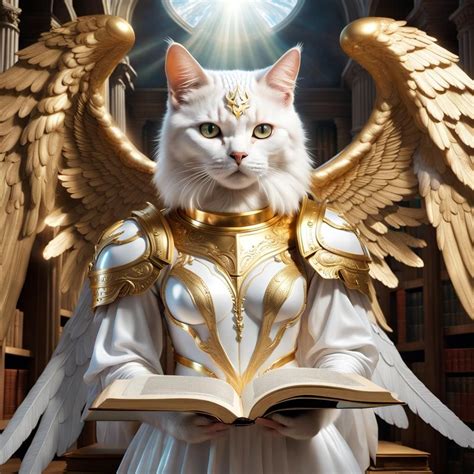 Cat Angel reading holy book in heavenly library - AI Generated Artwork ...