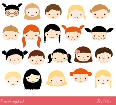 Cute kid faces clipart set, Children clipart head, Kawaii boy and girl ...