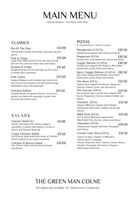 Menu at Green Man pub & bar, Bluntisham, 1 East St