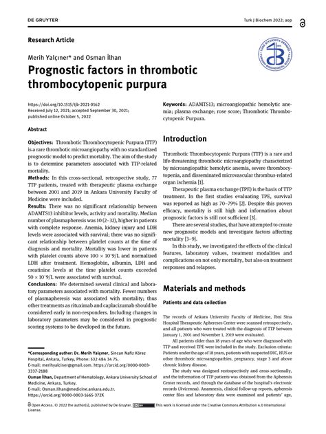 (PDF) Prognostic factors in thrombotic thrombocytopenic purpura