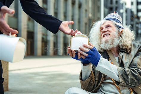 Charity Man Encouraging Other People Giving Food for Homeless Stock ...