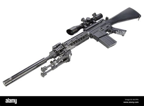 semi automatic sniper rifle with bipod and silencer isolated on a white ...