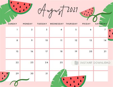 August 2021 Calendar, Cute Summer Tropical leaves & Watermelon Calendar ...