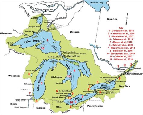 Map of the Great Lakes watershed, with numbers identifying the ...