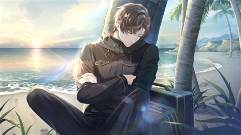 Anime Boy Sleeping Leaning Back On Tree Ocean Background HD Anime Boy ...