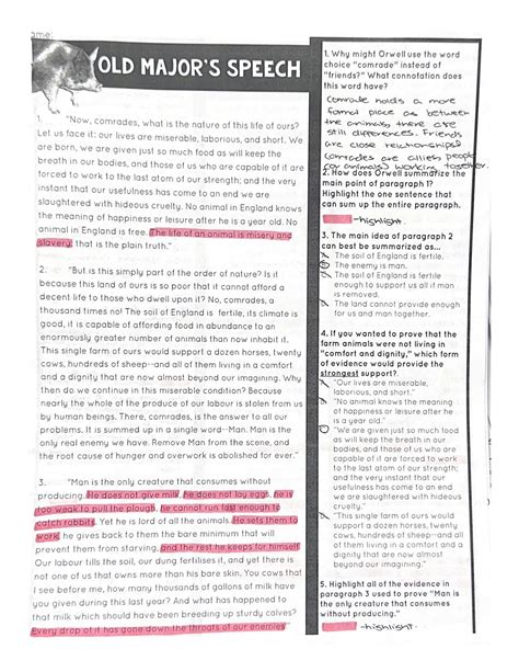 SOLUTION: Animal Farm : Old Majors Speech Worksheet - Studypool