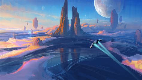 Galactic Dawn: Sci-Fi Landscape HD Wallpaper by Quentin Mabille