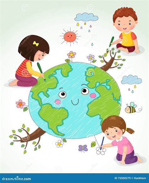 KIds Drawing The Earth Cartoon Vector | CartoonDealer.com #75500279