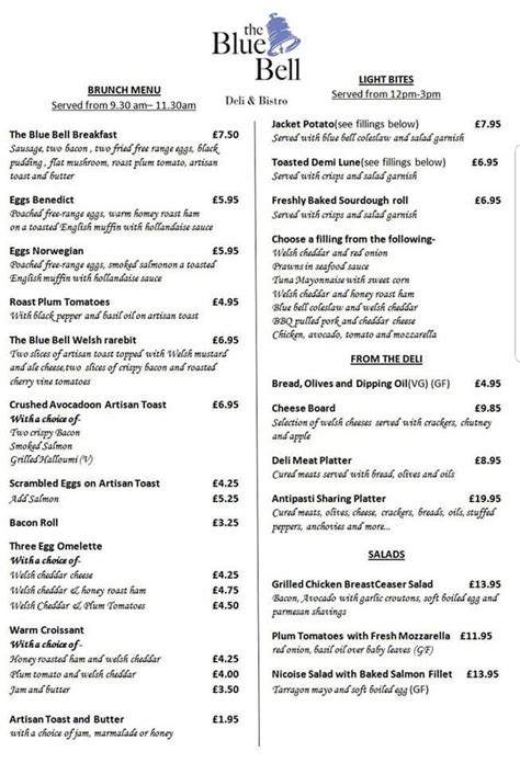 Menu at The Blue Bell Bistro pub & bar, New Quay