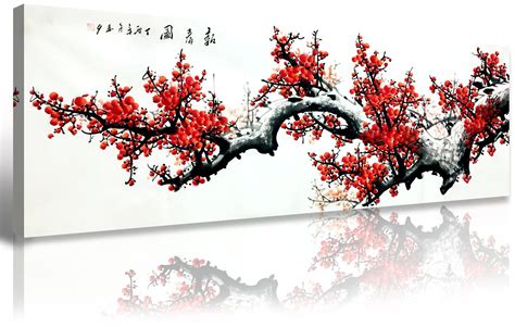 Asian Decor Chinese Painting Wall Art Oriental Red Plum Blossom Canvas ...