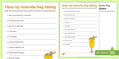 FREE! - Clean Up Australia Day Editing Worksheet