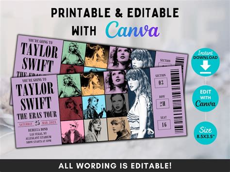 Editable Swift Eras Tour Ticket Template Concert Surprise - Etsy