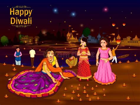 Indian family people celebrating Diwali festival of India. In vector ...