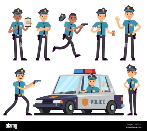 Cartoon policewoman and policeman characters in police uniform vector ...