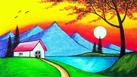 How to Draw Beautiful Sunset and Mountain Lake Scenery Drawing for ...