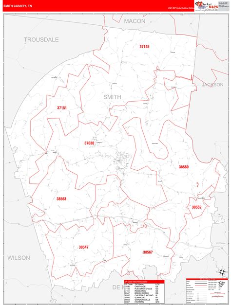 Smith County, TN Zip Code Wall Map Red Line Style by MarketMAPS - MapSales