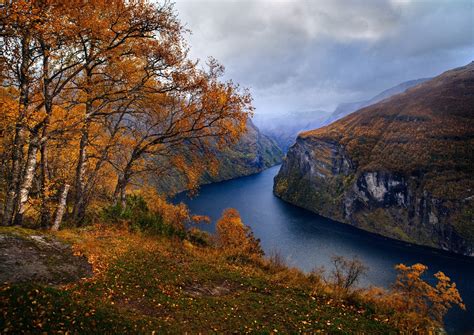 nature, Landscape, Fjord, Norway, Fall, Trees, Grass, Mountain, Clouds ...