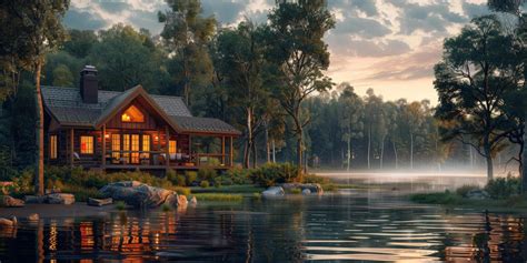 Cabin by a lake painting 47991910 Stock Photo at Vecteezy