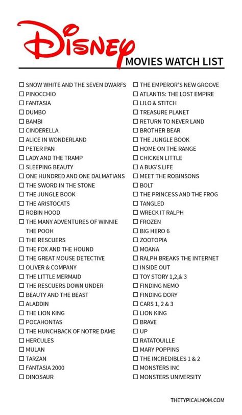 Free Printable Disney Classic Movies List | Disney original movies ...