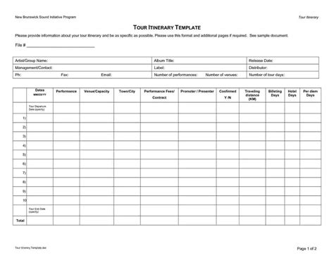 Itinerary Template Excel Free