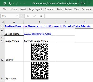 Microsoft Excel Data Matrix 2D Barcode Generator