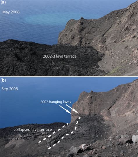 9. (a) Lava terrace developed during the 2002-2003 effusive eruption on ...