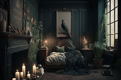 a dark bedroom with candles lit and a large bird on the bed next to it