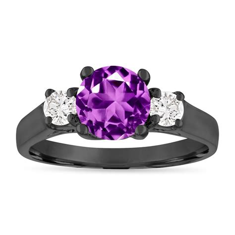 Amethyst and Diamonds Engagement Ring, Three Stone Engagement Ring, 1. ...