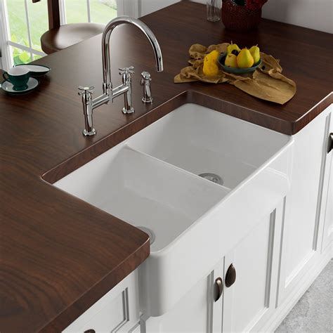 double farmhouse sink glossy white finish centered drains flat front ...