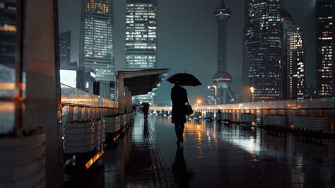 HD wallpaper: rain, rainy night, umbrella, silhouette, street view, wet ...