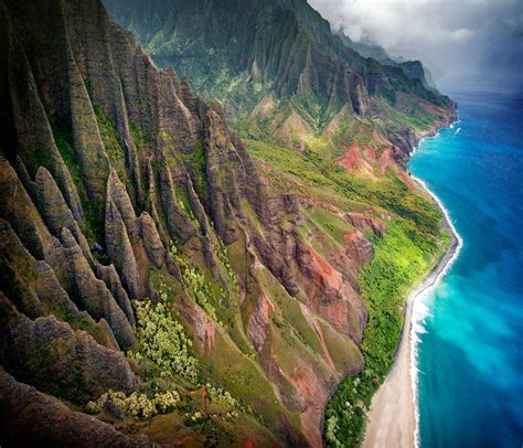 mountain, Kauai, Beach, Cliff, Sea, Sand, Shrubs, Aerial View, Coast ...