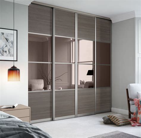 Signature 4 panel sliding wardrobe doors in Wild Wood and Bronze Mirror ...