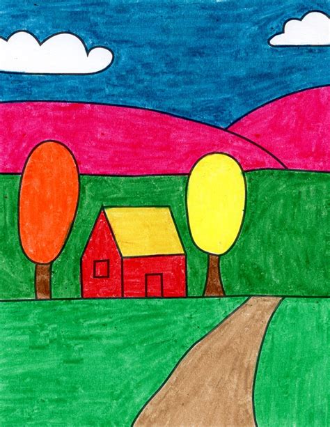 Easy How to Draw a Landscape Tutorial and Coloring Page