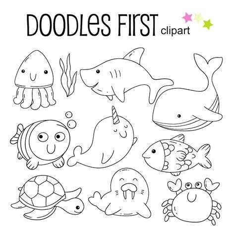 Sea Creatures Outline Drawing, Sea Animals, Outline Doodle Clip Art for ...