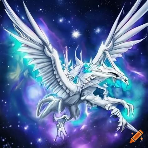 Angelic white dragon with wings outstretched against starry night sky ...