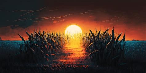 Premium AI Image | A sunset over a corn field with a sunset in the ...