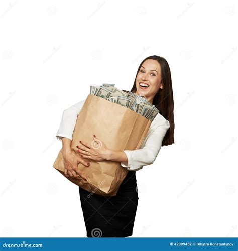 Woman Holding Bag with Money Stock Photo - Image of businesswoman ...