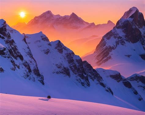 Premium Photo | Sunset in the snowy mountains