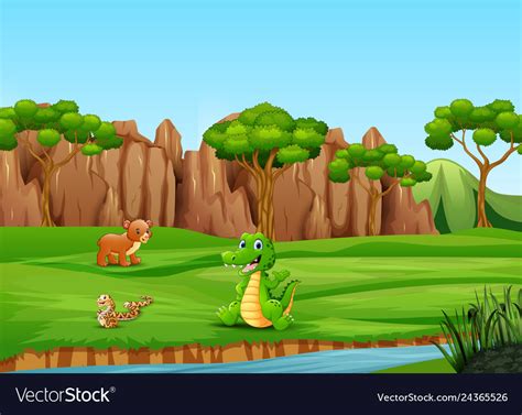 Cartoon happy animals on the field Royalty Free Vector Image