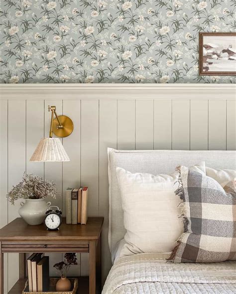 Blue Floral Wallpaper and White Wainscoting Bedroom - Soul & Lane