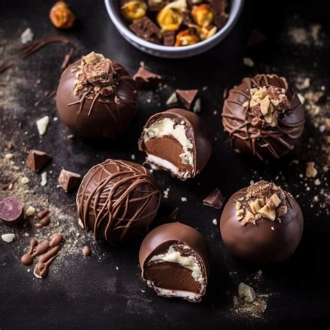 Premium AI Image | Chocolate truffles with a bowl of nuts in the background