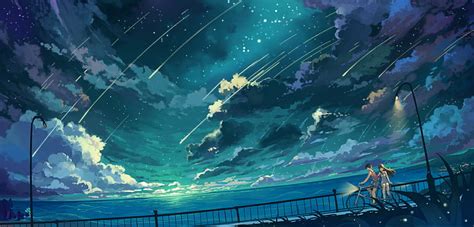 HD wallpaper: sky, stars, night, clouds, bicycle, anime, sea, anime ...