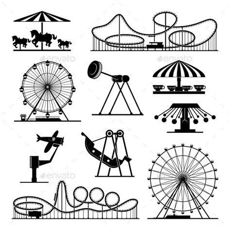 Vector Icons of Different Attractions in Amusement Park